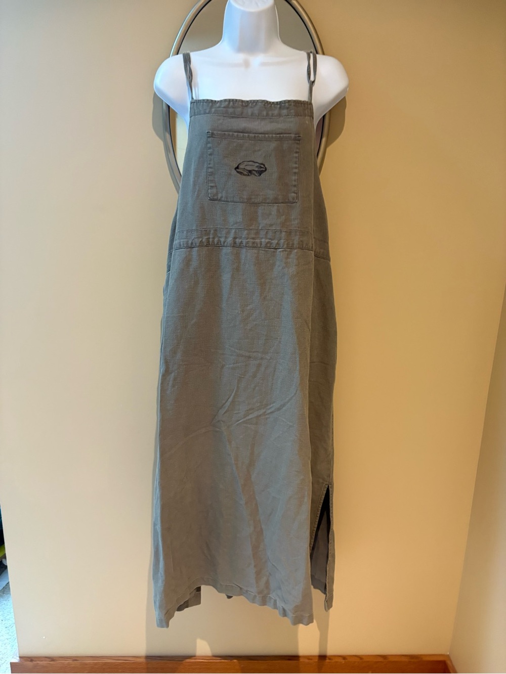 Vintage Erika 2 & Co. Green Linen Cotton Blend Jumper Dress Size 2X Frog 🐸 Print